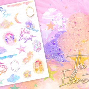 May include: A sheet of colorful stickers with a watercolor and glitter effect. The stickers feature stars, clouds, moons, and the text "Moon Gazer", "Shine Bright", and "Starry Eyed".