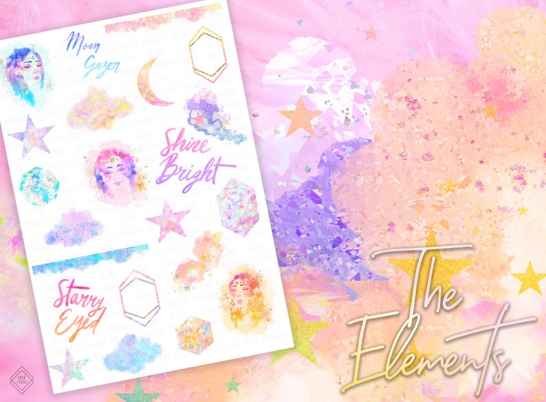 May include: A sheet of colorful stickers with a watercolor and glitter effect. The stickers feature stars, clouds, moons, and the text "Moon Gazer", "Shine Bright", and "Starry Eyed".