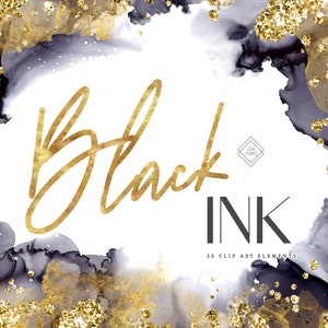 Black Grey Gray Watercolor Alcohol Ink Clipart PNG Graphics - Gold Silver Glitter Clip Art Download - Digital Water Color Overlay Images