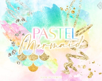 Pastel Mermaid Watercolor Clipart: Colorful Rainbow PNG Brush Stroke Graphics (Digital Download)