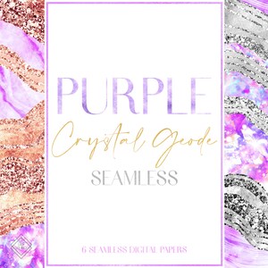 Purple Geode Crystal Seamless Pattern - Amethyst Agate Digital Paper - Glam Rose Gold Silver Sparkly Glitter - Abstract Quartz Background
