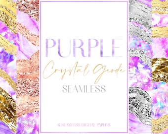 Purple Geode Crystal Seamless Digital Paper: Glitter Quartz Background Patterns (Digital Download)