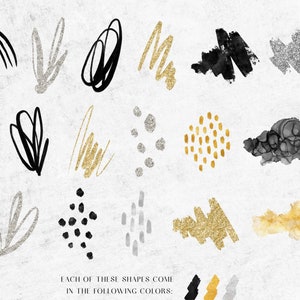 May include: A set of 18 abstract shapes in black, gold, and silver. The shapes include swirls, dots, lines, and brushstrokes. Each shape is available in all three colors.
