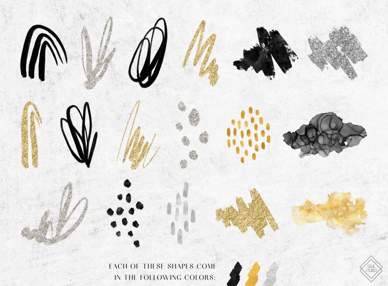 May include: A set of 18 abstract shapes in black, gold, and silver. The shapes include swirls, dots, lines, and brushstrokes. Each shape is available in all three colors.