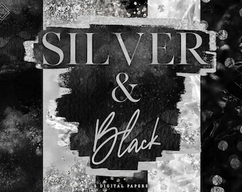Black & Silver Digital Paper: Abstract Watercolor Background, Glam Modern Glitter Texture (JPG Download)