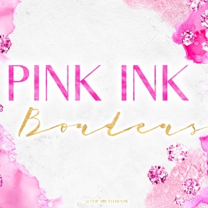 Pink Alcohol Ink Clipart Border - Watercolor Borders Clip Art Graphics - Magenta Rose Glitter Digital Overlay Frames - Water Color PNG Frame