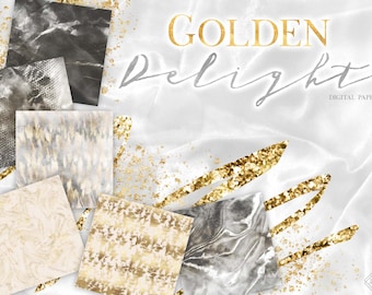 Glam Luxury Digital Paper: Modern Abstract Silver Black Background, Elegant Gold Foil (JPG Download)