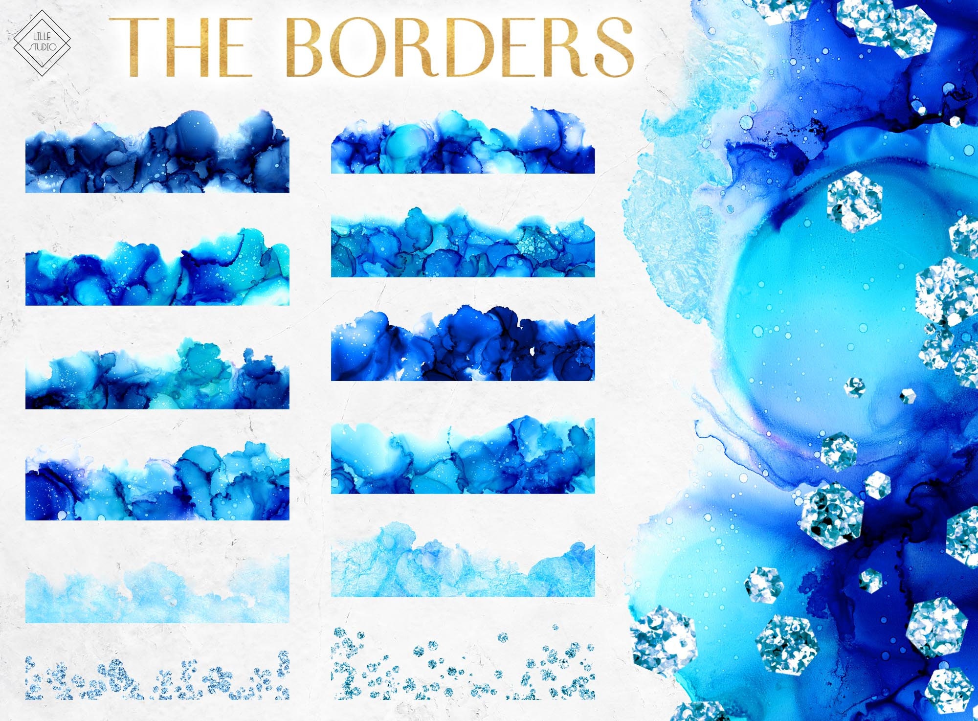 Blue Alcohol Ink Clipart Borders: Watercolor & Glitter Frame Overlay ...