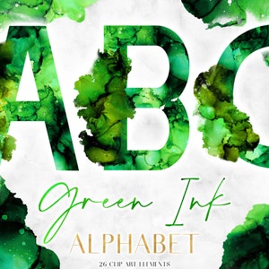 Green Ink Alphabet Clipart - Emerald Watercolor Cloud Monogram PNG - Abstract Jungle Letter Graphics - Modern Glam Digital Lettering