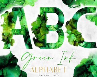 Emerald Green Alcohol Ink Alphabet Clipart: Watercolor Monogram Letter Graphics (PNG Digital Download)
