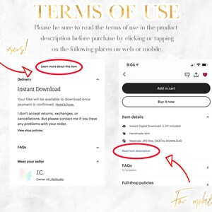 May include: A screenshot of a mobile phone screen showing a product listing on Etsy. The listing is for a digital download of a handmade item. The listing includes a description of the item, details about the seller, and a link to the seller's shop policies. The text on the screen reads "Terms of Use", "Learn more about this item", "Instant Download", "Item details", "Read item description", "FAQS", "Full shop policies", "Meet your seller", "J.C. Owner of LilleStudio", "Add to cart", "Buy it now", and "For mobile users!"