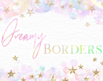 Pastel Rainbow Clipart Borders: Unicorn Color Frames, Celestial Star & Cloud Graphics (PNG Digital Download)