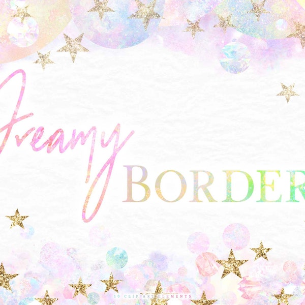 Rainbow Clipart Borders - Pastel Unicorn Glitter Border Clip Art - Sky Cloud Bubble Star Frames PNG - Cute Pink Blue Frame Overlay Graphics