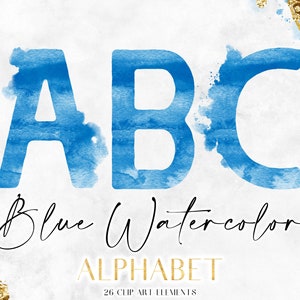 Blue Watercolor Digital Alphabet - Water Color Letter PNG Clipart - Printable Monogram Lettering Clip Art - Modern Font Graphics