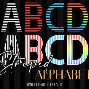 May include: Striped alphabet letters A, B, C, and D in black and white, red and white, light blue and white, and rainbow colors. The letters are arranged in two rows. The text "Striped Alphabet" is below the letters. The text "936 Clipart Elements" is below the text "Striped Alphabet".