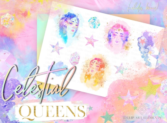 Galaxy Astrology Clipart: Celestial Space & Moon Graphics, Holographic Boho Crystal Girl Graphics (Digital Download)
