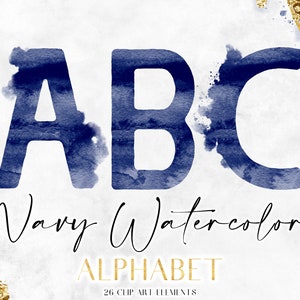 Navy Blue Watercolor Digital Alphabet - Water Color Letter PNG Clipart - Printable Monogram Lettering Clip Art - Modern Font Graphics