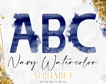 Navy Blue Watercolor Alphabet Clipart: Monogram Letter PNG (Digital Download)