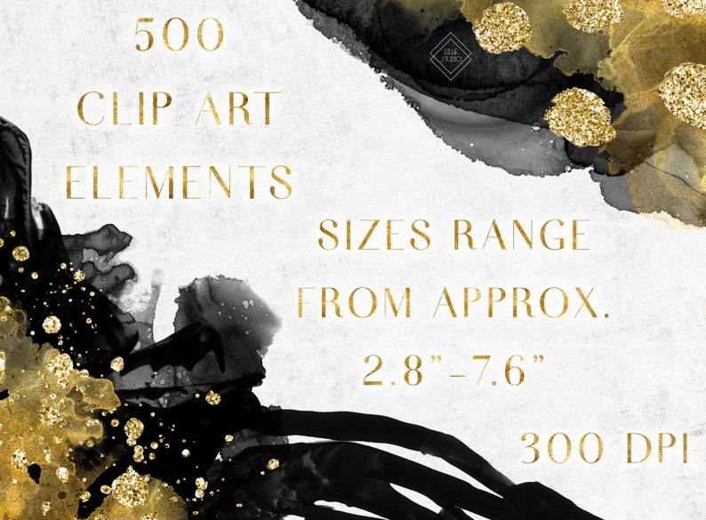 May include: 500 black and gold clip art elements, with sizes ranging from 2.8 to 7.6 inches, at 300 DPI.