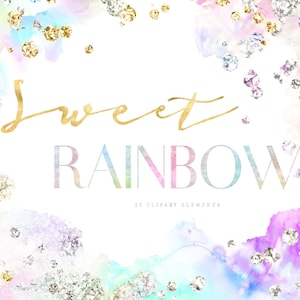 Pastel Rainbow Clipart - Unicorn Watercolor Clip Art - Holographic Ink Cloud Shapes Graphics - Iridescent Water Color Digital PNG Overlays