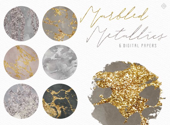 Glitter Marble Digital Paper: Glam Luxury Background, Black, Gray, Gold, Silver Watercolor JPG Download