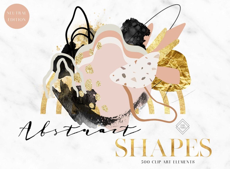 Abstract shape clipart digital graphics. The image features neutral tones including black, gold, beige, and pink. The design includes various shapes such as brush strokes, splashes, and textured elements with gold accents and marble texture.