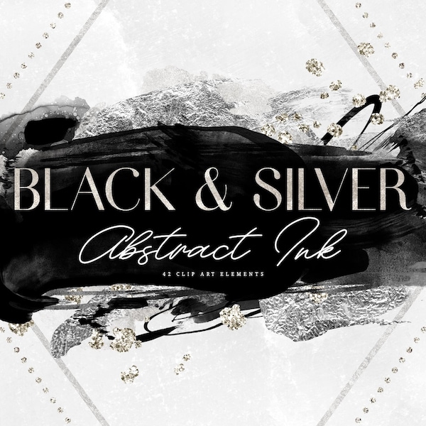 Abstract Black Silver Clipart - Glam Watercolor Brush Stroke Clip Art - Geometric Strokes PNG - Brushstroke DIY Logo Design Graphics