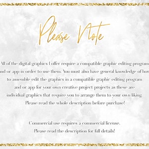 May include: A white background with gold glitter border and text that reads "Please Note". The text below explains that digital graphics require a compatible graphic editing program and general knowledge of how to assemble and edit them. It also states that commercial use requires a commercial license.