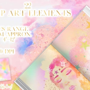 May include: 22 watercolor clip art elements with a pastel pink, blue, and yellow color scheme. The elements include stars, a woman's face, and a blurred background. The sizes range from 4 to 12 inches and the resolution is 300 DPI.