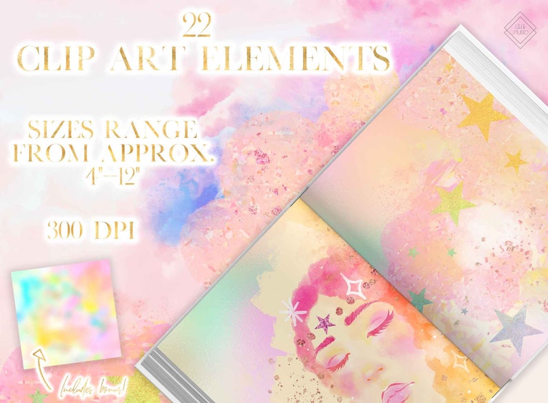 May include: 22 watercolor clip art elements with a pastel pink, blue, and yellow color scheme. The elements include stars, a woman's face, and a blurred background. The sizes range from 4 to 12 inches and the resolution is 300 DPI.