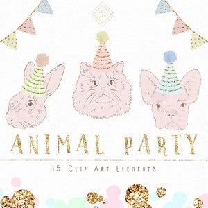 Party Animal Clipart - Birthday Animals Clip Art - Flags Bunting Graphics - Cute Dog Cat Invite Digital PNG - DIY Pastel Baby Invitation