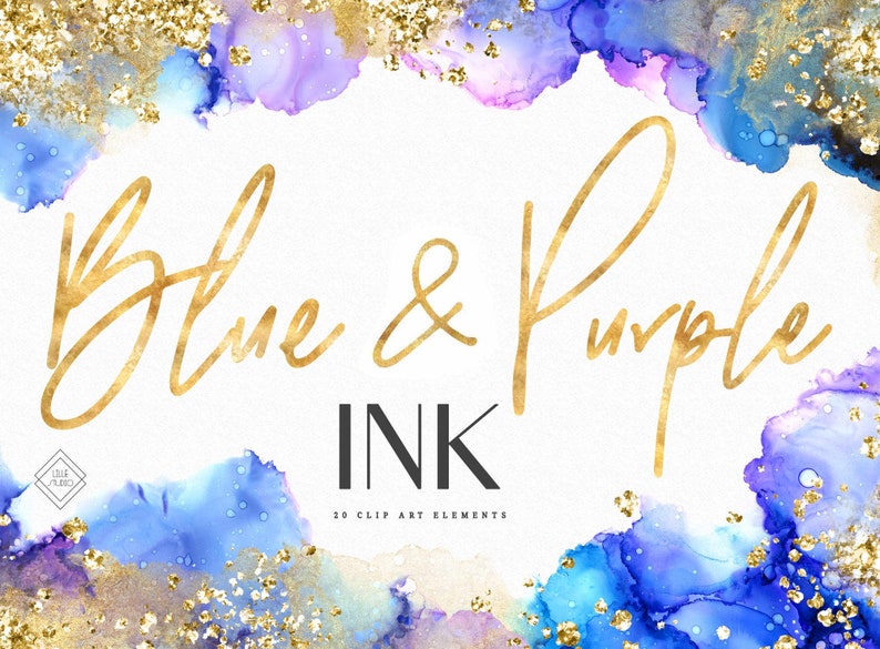 Blue Purple Alcohol Ink Clipart Watercolor Graphics PNG Water Color Clip Art Download Gold Silver Glitter Digital Overlay Images image 1