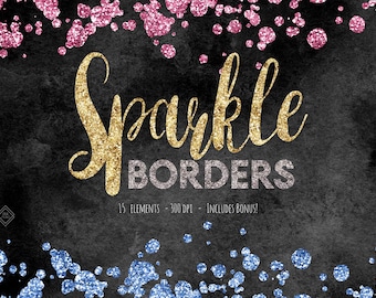 Glitter Confetti Border Clipart: Pink Blue Sparkle Frame, Birthday Party Graphics (PNG Digital Download)