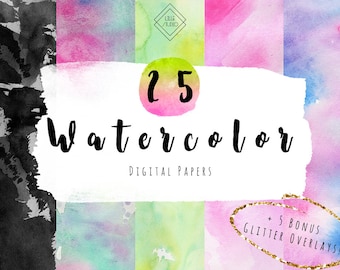 May include: 25 Watercolor Digital Papers with 5 Bonus Glitter Overlays. The papers feature a variety of colors and textures, including black, green, pink, and blue.