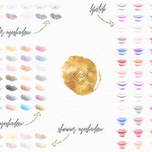 May include: A digital illustration of a watercolor lip and eye shadow palette. The palette includes a variety of colors, including glitter, shimmer, and matte finishes. The colors are arranged in rows, with each row representing a different type of finish. The palette is labeled with the words "glitter eyeshadow", "shimmer eyeshadow", "matte eyeshadow", and "lipstick".