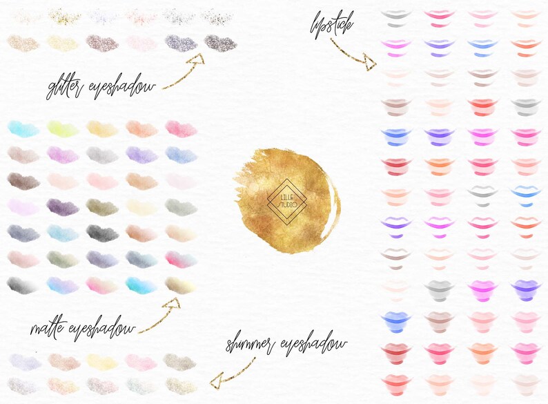 May include: A digital illustration of a watercolor lip and eye shadow palette. The palette includes a variety of colors, including glitter, shimmer, and matte finishes. The colors are arranged in rows, with each row representing a different type of finish. The palette is labeled with the words "glitter eyeshadow", "shimmer eyeshadow", "matte eyeshadow", and "lipstick".