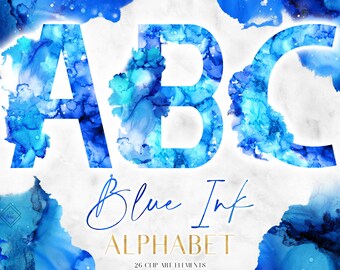 Blue Alcohol Ink Alphabet Clipart: Watercolor Monogram Letter Graphics (PNG Digital Download)