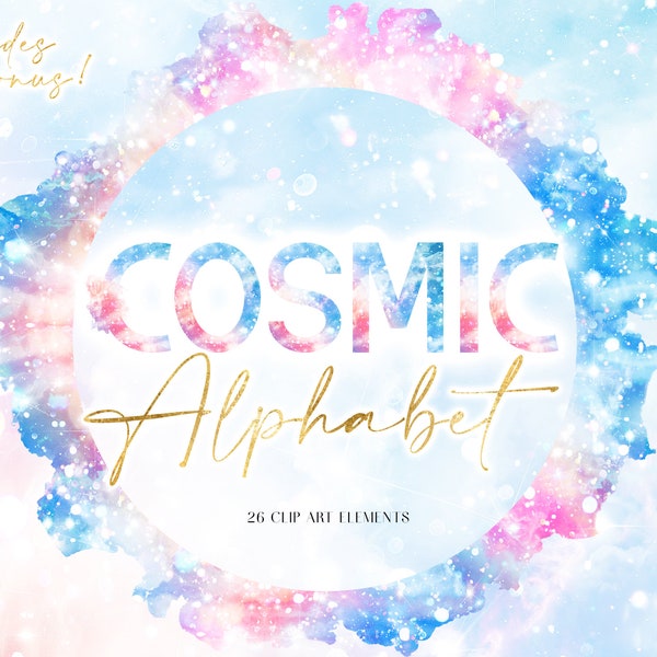 Cosmic Galaxy Digital Alphabet Clipart - Pastel Space PNG Letters - Cloud Sky Star Colorful Monogram - Pink Blue Letter Graphics