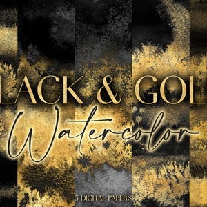 May include: Five digital papers featuring abstract watercolor designs in black and gold. The papers are perfect for creating invitations, cards, and other projects.