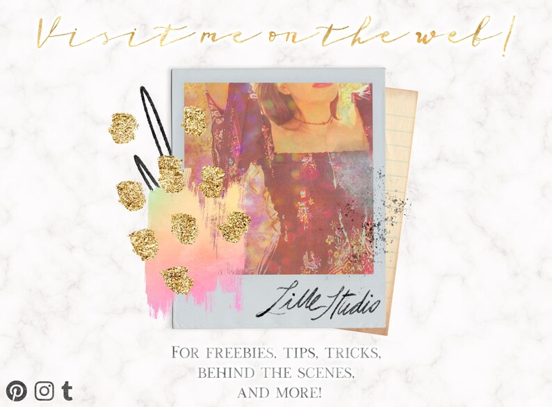 May include: A vintage-style photo with a woman wearing a colorful patterned dress. The photo is surrounded by gold glitter, pink and blue watercolor paint, and black abstract shapes. The text "Lille Studio" is written in black cursive below the photo. The text "FOR FREEBIES, TIPS, TRICKS, BEHIND THE SCENES, AND MORE!" is written in black below the photo.