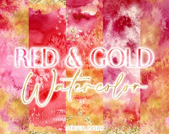 Red Gold Watercolor Digital Paper: Modern Abstract Burgundy Backgrounds (JPG Graphics Download)