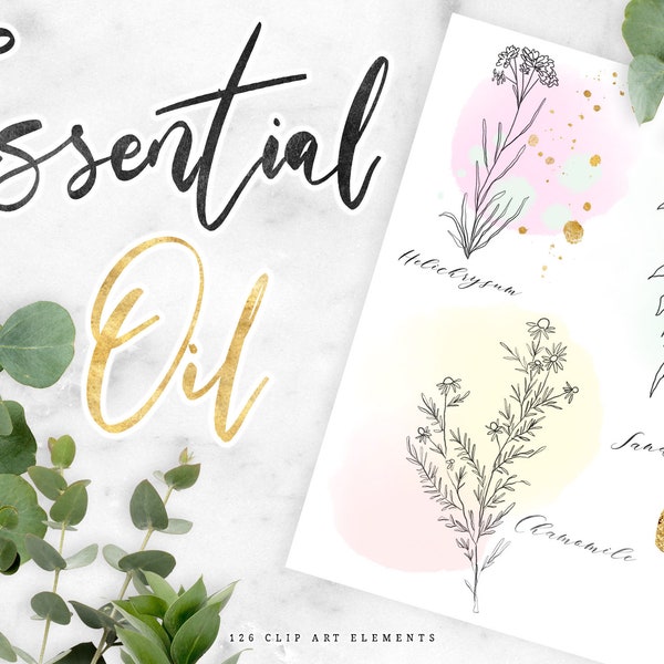 Essential Oil Clipart - Aromatherapy Botanical Clip Art Labels - Flower Leaf Plant Line Art PNG - Organic Natural Cosmetics Perfume Graphics