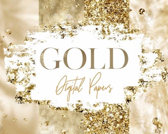 Gold Digital Paper: Glam Glitter & Foil Confetti Backgrounds (JPG Graphics Download)