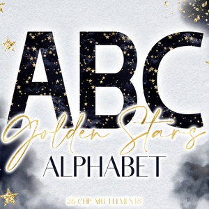 Gold Star Digital Alphabet Clipart - Dark Blue Golden Cloud Night Sky Letter Graphics - Metallic Glitter Celestial Monogram PNG Lettering