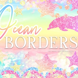 Rainbow Mermaid Border Frame Clipart - Ocean Sea Borders Clip Art - Beach Glitter PNG Graphics - Nautical Summer Vacation Digital Frames