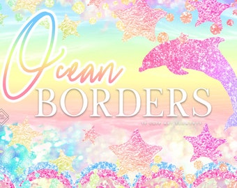 Rainbow Ocean Border Clipart: Colorful Mermaid Beach Theme Graphics, Summer Digital Frames (PNG Download)
