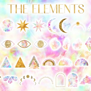 May include: A set of 20 gold and iridescent watercolor illustrations of various shapes and symbols, including circles, stars, moons, eyes, triangles, arches, and diamonds. The title "THE ELEMENTS" is written in gold at the top of the image.