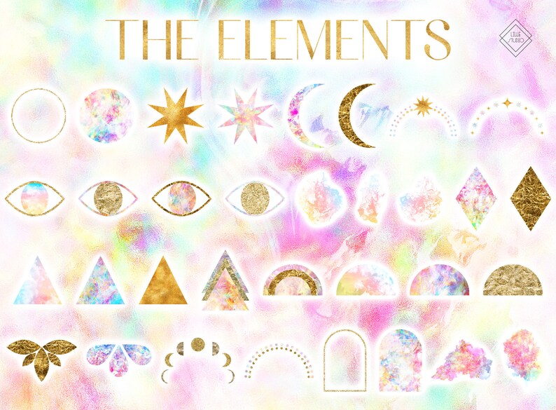 May include: A set of 20 gold and iridescent watercolor illustrations of various shapes and symbols, including circles, stars, moons, eyes, triangles, arches, and diamonds. The title "THE ELEMENTS" is written in gold at the top of the image.