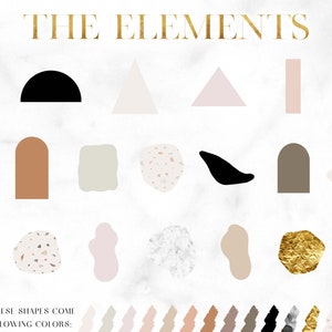 May include: A set of geometric shapes in various colors, including black, white, brown, pink, and beige. The shapes include circles, semi-circles, triangles, squares, and rectangles. The text "THE ELEMENTS" is displayed in gold lettering at the top of the image.