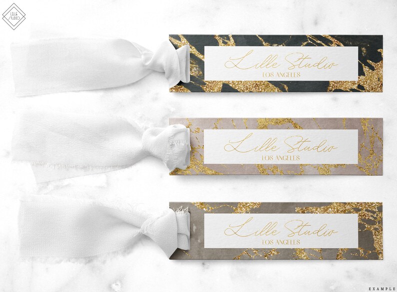 May include: Three rectangular gift tags with a marble and gold glitter design. Each tag features the text "Lille Studio" and "LOS ANGELES" in gold lettering.